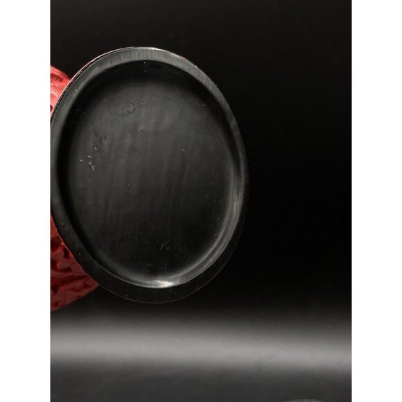 Red Cinnabar Carved Floral Decor 5 3/4' Vase on Wood Base - Picture 7 of 11